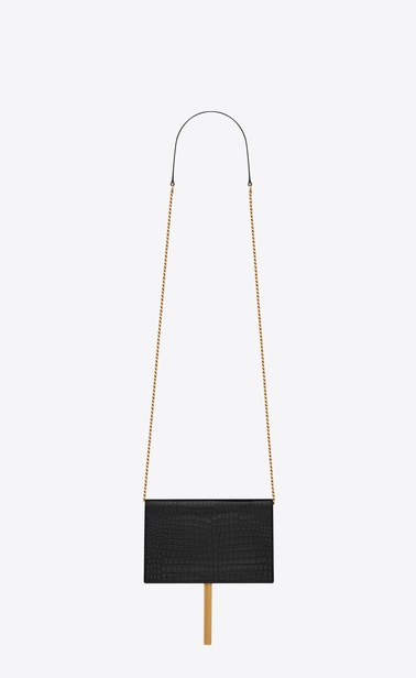SAINT LAURENT Mini sacs Kate Femme Portefeuille à chaîne et pompon KATE en cuir brillant embossé façon crocodile noir b_V4